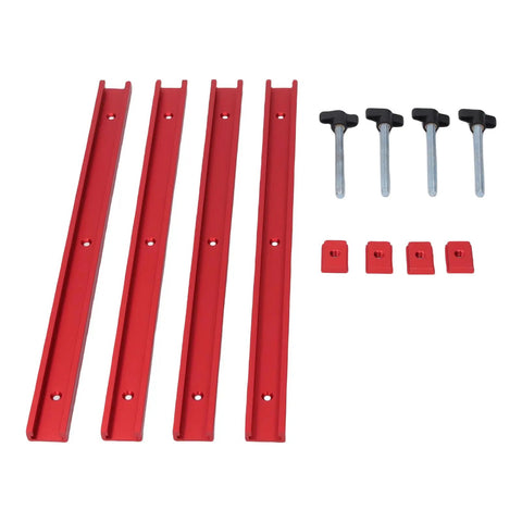 Heavy Duty Aluminum T Slot Track Kit With M8 Slider Blocks, showing red T tracks, slider blocks, bolts, woodworking rails, 400mm