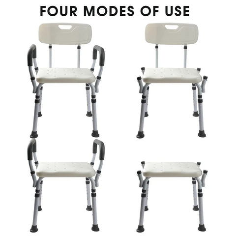 Four modes of the Arms And Back Shower Chair With Tool Free Assembly, Lightweight Powder Coated Aluminum Bath Seat