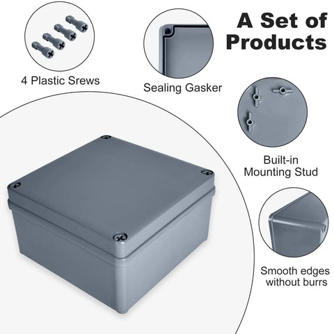 8 By 8 By 4 Inch IP65 Waterproof Junction Box Rugged ABS Plastic Outdoor Enclosure with screws and gaskets displayed