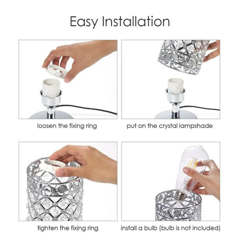 Easy installation steps for Crystal Table Lamps Set Of 2 With USB Charging Ports, showing assembly process of silver crystal lampshade.