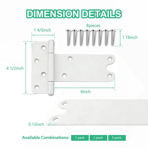 Dimension details of Badass 6 Inch Gate Hinges With 280 Pound Capacity Matte White Finish, 4 pieces with screws.