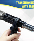 Deaelf Universal Pop Rivet Gun Adapter Kit With Four Interchangeable Guide Nozzles held in hand for quick riveting use.
