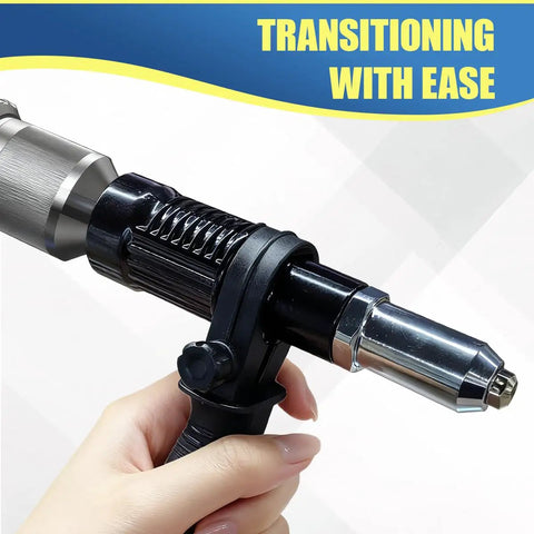 Deaelf Universal Pop Rivet Gun Adapter Kit With Four Interchangeable Guide Nozzles held in hand for quick riveting use.