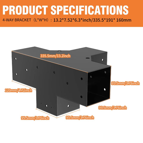 4-Way Right Angle Pergola Brackets for 3.5x3.5 Inch Lumber, Heavy-Duty Steel Corner Brackets for DIY Gazebo and Deck Supports, 2 Pack With Screws, Rust-Resistant Finish, Easy Install