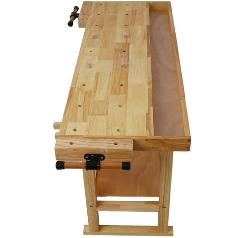 Heavy Duty Rubber Wood Workbench With Bar Clamps For Garage Diy And Welding Station top view showcasing flat surface and steel clamps.