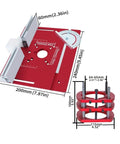 Smooth CNC Aluminum Router Lift Kit With Sleek Red Insert Plate And Tough Rock Solid Mounting Bracket For 65mm Motors dimensions and details.