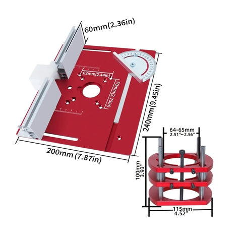 Smooth CNC Aluminum Router Lift Kit With Sleek Red Insert Plate And Tough Rock Solid Mounting Bracket For 65mm Motors dimensions and details.