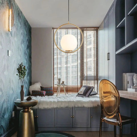 Large White Glass Globe Pendant Light With Plug In Cord Brushed Gold Ring Mid Century Modern Style in cozy living space