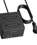 4-Outlet 4-USB Surge Protector With 5 Ft Extension Cord 900 Joules Overload Switch Grounded, black, cube design