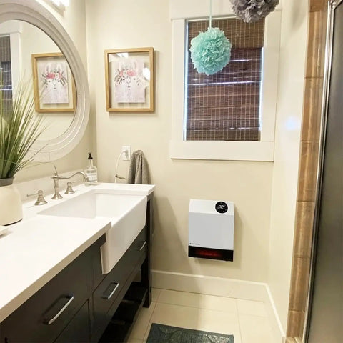Bathroom with a wall-mounted Infrared WiFi Space Heater 1000 Watt Smart Control With App Auto Shutoff Safety Grill Fast Cozy Heat
