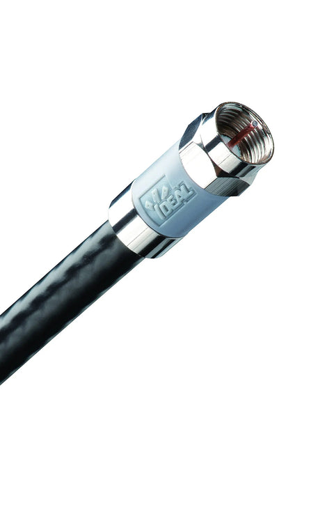 Close-up of Ideal Industries 85-069 nickel push-on F-connector on coaxial cable with blue insulator