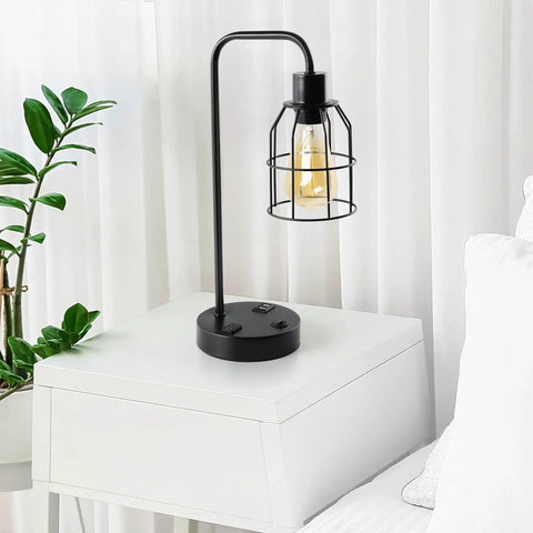 Industrial Bedside Lamp Set Of 2 With USB Ports And Built In Outlet Boho Cage Shade Desk Lamp For Bedroom Or Living Room Farmhouse Nightstand Light Black Finish Bulb Not Included