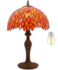 Stained Glass Tiffany Style Table Lamp With Red Wisteria Design, 12 Inch Shade, 18 Inch Tall, Antique Green Bronze Base, Cord Switch, UL Listed Bedroom Living Room Desk Lamp For Reading