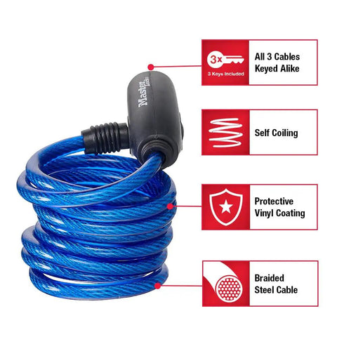 Blue bike lock cable with features. Bike Lock Cable Set With Keys 3 Pack Keyed Alike 6 Ft Long Braided Steel Cables In Blue Green Red
