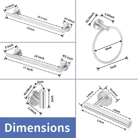 Dimensions of Matte Black 9 Piece Bathroom Hardware Set With Wall Mount Kit Includes 23In And 17In Towel Bars, Toilet Paper Holder, Towel Ring
