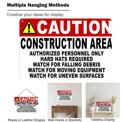 Aluminum Construction Area Sign 8x12in Authorized Personnel Only Hard Hats Required displayed with hanging options.