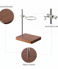 Premium Solid Wood Pour Over Stand featuring solid wood base, adjustable clamp, and precise joinery for coffee dripper.