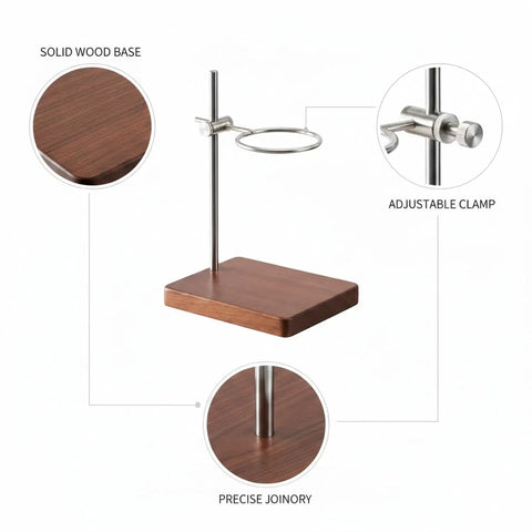 Level Up Your Morning Coffee Game With This Rock Solid Wooden Pour Over Stand Open Frame Build with solid wood base and adjustable clamp.