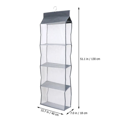 Heavy Duty Five Layer Hanging Closet Organizer With Clear View Window And Tough Rust Resistant Steel Hook For Straight Up Wardrobe Storage and No Sweat Travel Packing, grey mesh design