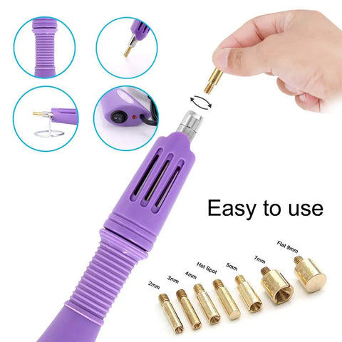Bedazzler Kit With Rhinestones And Hot Fix Gems Craft Applicator showing interchangeable tips for DIY clothes, shoes, and more