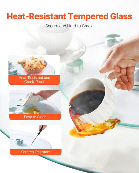Heat-resistant tempered glass of 24 Inch Glass Lazy Susan Turntable With 6 Rotating Wheels, showcasing pouring coffee on glass