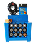 Hardcore Heavy Duty Top Shelf High Pressure Hydraulic Hose Crimper Machine With 13 Interchangeable Dies and electric controls.