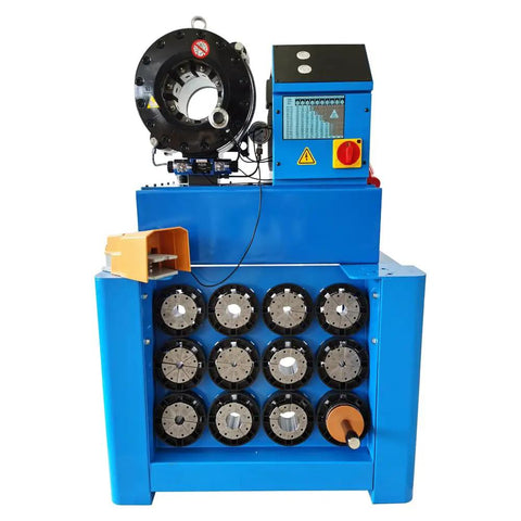 Hardcore Heavy Duty Top Shelf High Pressure Hydraulic Hose Crimper Machine With 13 Interchangeable Dies and electric controls.