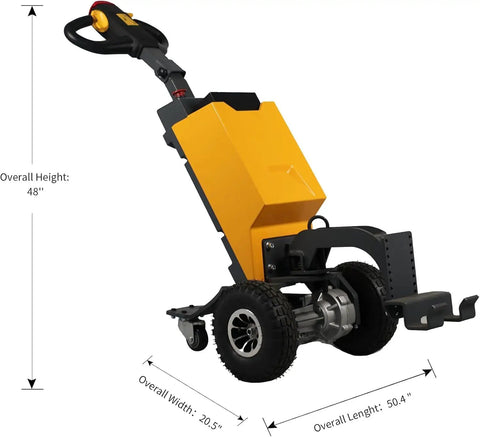 Heavy Duty Electric Tugger For Trucks Moves 2,200 Lbs Easily With Adjustable Handle And Pneumatic Tires, front view with dimensions.