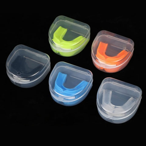 Multicolored sports mouth guards in cases, for youth and adults, ideal for football, basketball, boxing, MMA, and hockey protection.