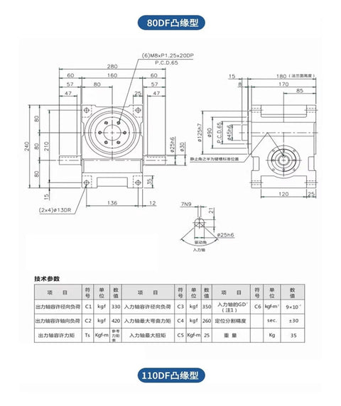 Premium Cam Indexer For Industrial Automation Flange Mount Precision Rotary Divisor 80DF technical diagram with dimensions and specifications.