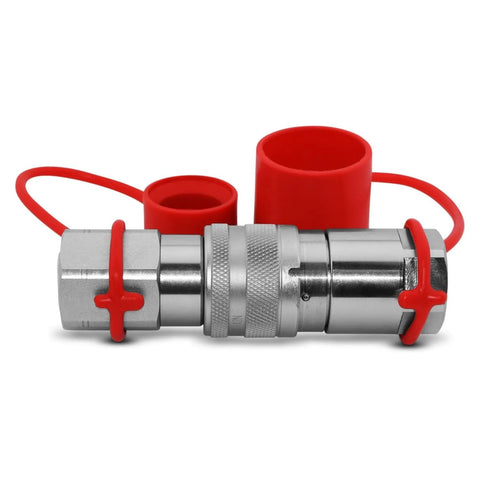 Pair of Summit Hydraulics flat-face high-flow skid-steer quick-connect couplers, 3/4" NPT, with red dust caps