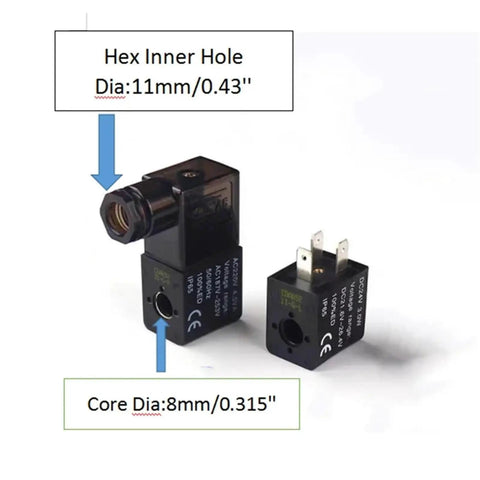 Top Notch AC 220V Pneumatic Solenoid Valve Coils For 4V210 Pilot Valves, 6VA Low Heat Coil Set, showing dimensions and specifications.