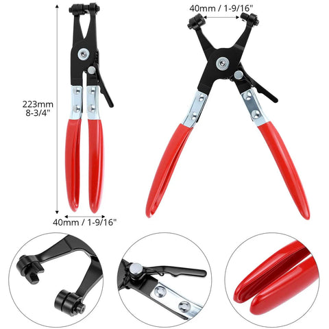 130 Piece Hose Clamp Set With 16 Sizes 6 To 25 mm Swivel Jaw Pliers with red handles and detailed close-up views.