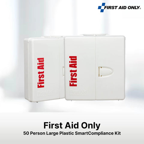 First Aid Only 50-Person large plastic first aid kit cabinets; two white cabinets with red First Aid text.