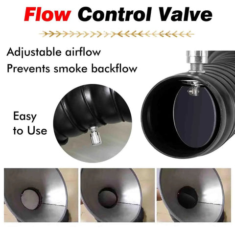 Close-up of flow control valve on Heavy Duty Flexible Fume Extractor Hose With Rock Solid Suction Hood And No Sweat 360 Adjustable Bending Arm For Shop Smoke Dust And Fast Air Extraction Black.