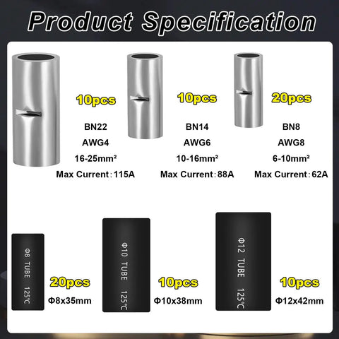80 Piece Non Insulated Butt Connectors Kit 4 6 8 AWG With Heat Shrink Tubing For Wiring specifications chart