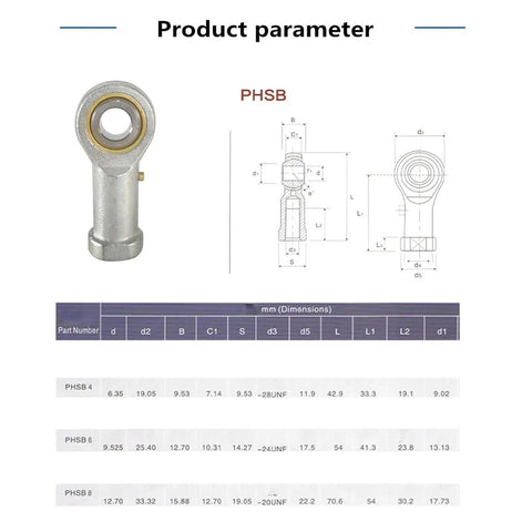 Female Rod End Bearing One Half Inch Bore And One Half By Twenty Right Hand Thread Self Lubricating Beefy Rod End Bearings Two Pack For Smooth Flexible Motion In Mechanical Linkages, PHSB diagram