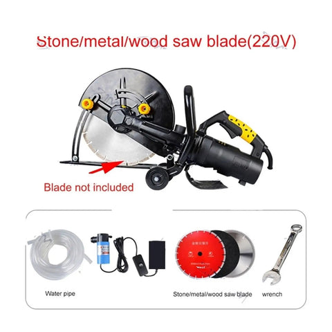 No Sweat Electric Circular Saw Delivers Badass 6800 Watt Cutting Power With Adjustable Angle For Wood Metal Stone And Tile Multi Function Portable DIY Project Tool Without Blade and accessories on display.