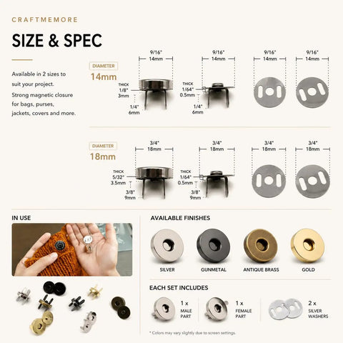 Straight Up Heavy Duty Magnetic Snap Buttons With A Tight Grip Clasp Ideal For Purse Crafting And Jacket Repair Kits Includes Full Hardware No Sweat Install Gold Size with dimensions and finishes shown.