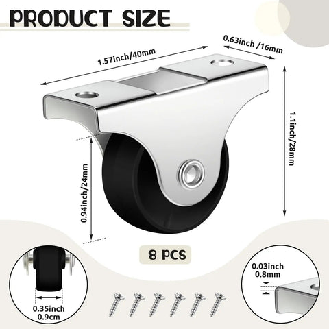 Diagram showing Eight 1 Inch Non Swivel Fixed Castor Wheels With Metal Top Plate For Furniture And Small Appliances Includes 16 Screws