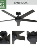 Hunter 52 inch Indoor Ceiling Fan and Remote Control, Embrook Matte Black Ceiling Fan, 6 Speed ENERGY STAR, 55150, overhead view.