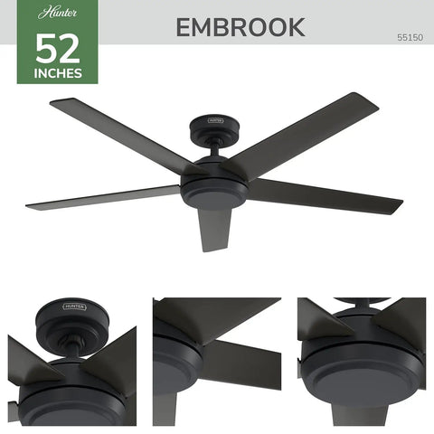 Hunter 52 inch Indoor Ceiling Fan and Remote Control, Embrook Matte Black Ceiling Fan, 6 Speed ENERGY STAR, 55150, overhead view.