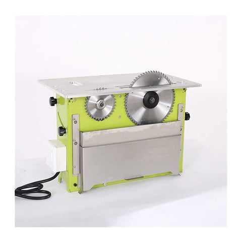 Compact Dust Free Electric Table Saw Featuring Precise Angle Controls And A High Torque Motor Built For Slick Wood Cuts, green and silver design.