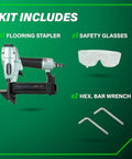 Top Notch Pro Preferred Pneumatic Flooring Nailer For Hardwood, 18 Gauge 1/4 Inch Staples kit with stapler, glasses, wrenches