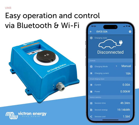 Smart Level 2 EV Charger Station 22 KW Electric Vehicle Home Wall Box With WiFi And Bluetooth, blue charging device and app interface.