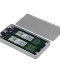 Dual M2 NGFF Raid Enclosure For Sata Iii Drives Featuring Usb Three Point One Type C Port And Ten Gbps Lightning Fast Transfer Speeds With Seamless Plug And Play Setup Inside Compact Metal Frame For Hotswapping Favorites Zero Hassle Guaranteed, silver aluminum casing with two SATA drives inside.