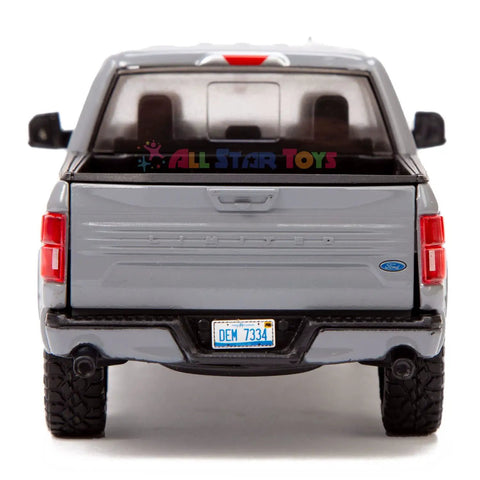 Rear view of Ford F150 Limited Crew Cab Diecast Model Truck One Twenty Four Scale Abyss Gray With Opening Doors And Detailed Interior