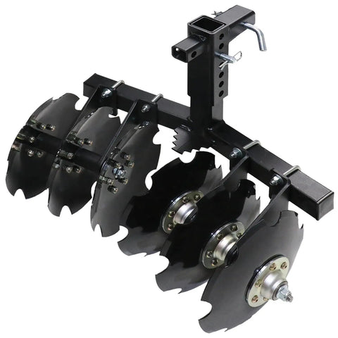 Beefy 28 Inch ATV UTV Disc Plow Harrow With Universal 2 Inch Receiver Mount Delivers Deep Tillage Tight Turning And Efficient Cultivation For 1 To 2 Acres On Farms Trails And Fields, close-up of disc blades and mounting bracket