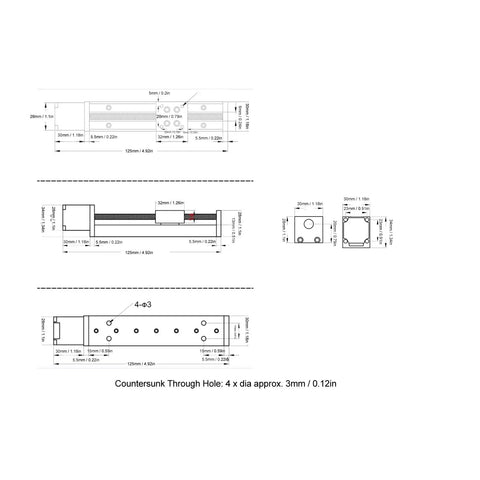 Technical drawing showing dimensions of 50mm Stroke Mini Linear Rail Guide Slide Actuator Built Like A Workhorse Featuring Heavy Duty Alloy Stepper Motion Stage