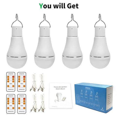 4 Pack Portable Emergency LED Light Bulbs USB Rechargeable Camping Lanterns With Remote Timer Five Lighting Modes Hook Included